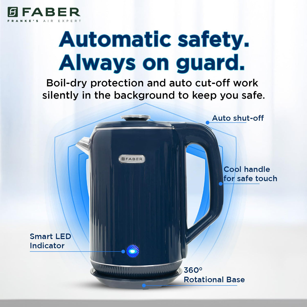 Faber Electric Water Kettle| 1.8L| 1500W| 3X Protection - Auto Off, Dry Boil, Overheating| Double Layered Cool Touch Out