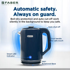Faber Electric Water Kettle| 1.8L| 1500W| 3X Protection - Auto Off, Dry Boil, Overheating| Double Layered Cool Touch Out