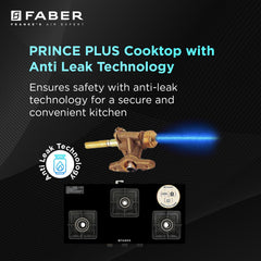 Faber Stylish 3 Brass Burners 77cm Sleek Cooktop |Manual Ignition|MS Powder Coated Pan Support|Black Glass Finish|5 Yrs 