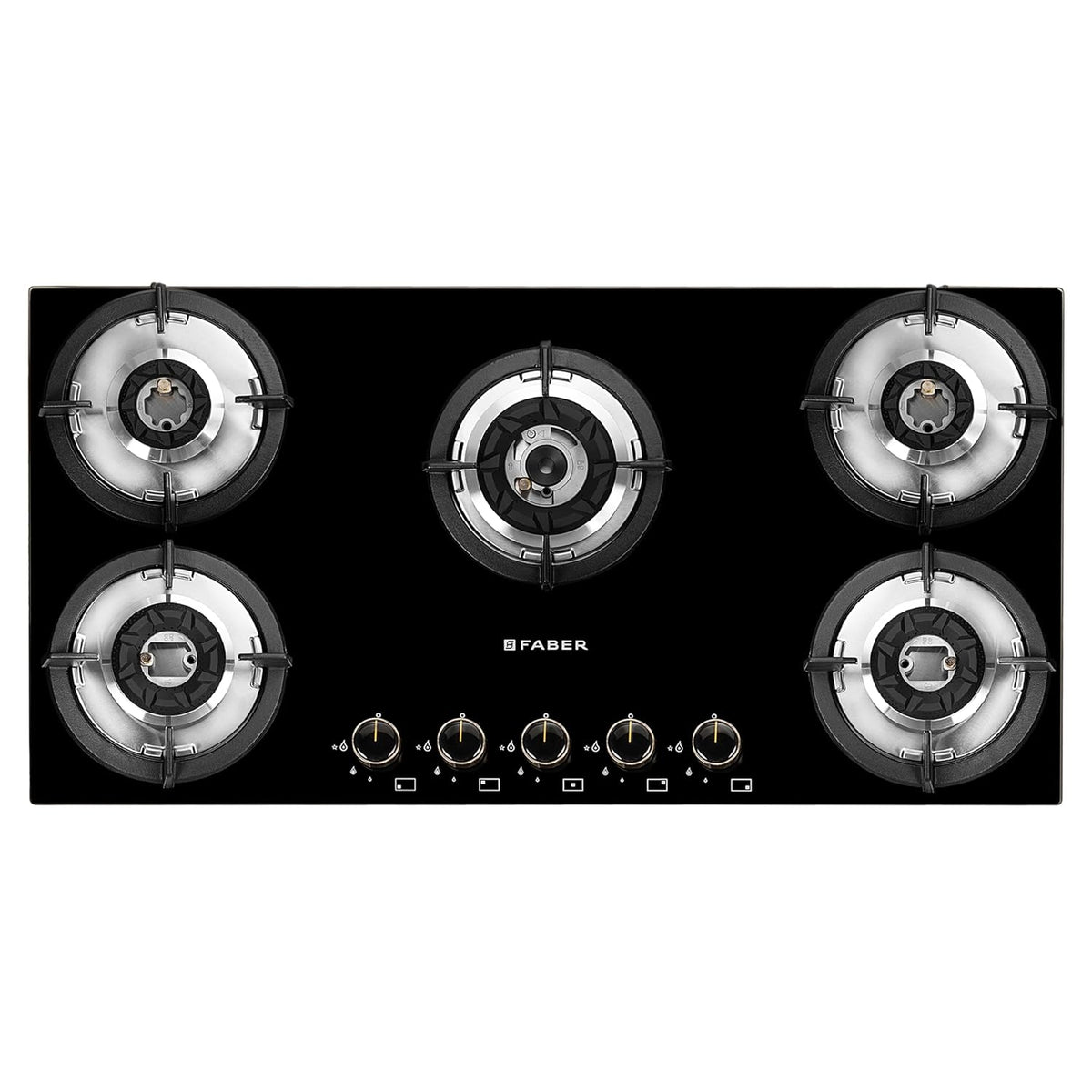 Faber Hob 90 cm 5 Burner|Auto-Ignition|Spillage Proof|Brass Burners|Metal Knobs|Pan Support|2yrs on Burner,5 Yrs Warrant