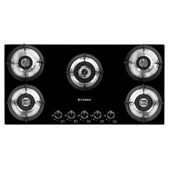 Faber Hob 90 cm 5 Burner|Auto-Ignition|Spillage Proof|Brass Burners|Metal Knobs|Pan Support|2yrs on Burner,5 Yrs Warrant