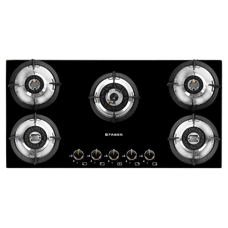 Faber Hob 90 cm 5 Burner|Auto-Ignition|Spillage Proof|Brass Burners|Metal Knobs|Pan Support|2yrs on Burner,5 Yrs Warrant