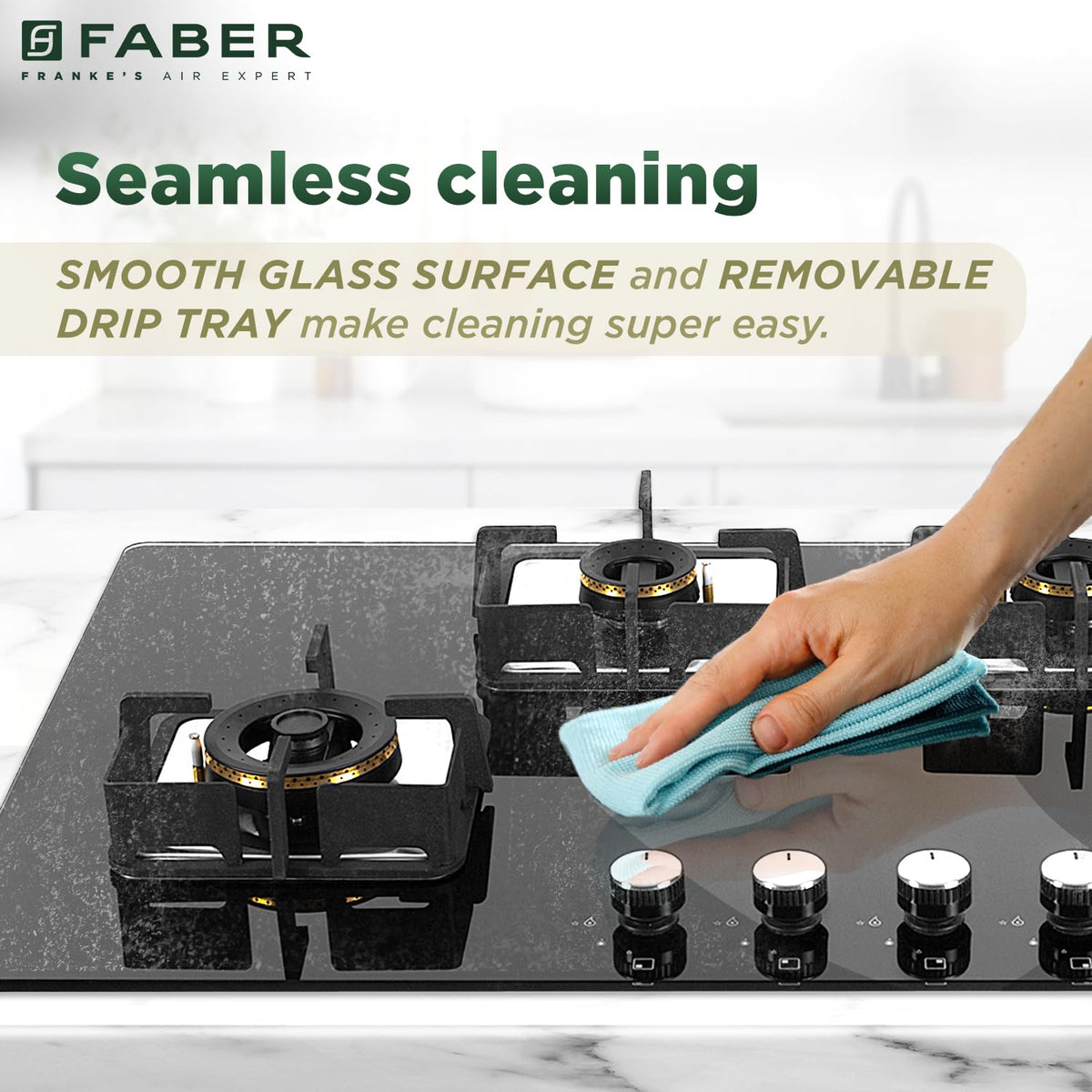 Faber 4 Burner HCT 90 cm Hob| Brass Burners| Bakelite Knobs| Cast Iron Pan Support| Hob/Cooktop Hybrid| Toughened Glass 