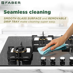 Faber 4 Burner HCT 90 cm Hob| Brass Burners| Bakelite Knobs| Cast Iron Pan Support| Hob/Cooktop Hybrid| Toughened Glass 