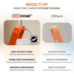 PROHOME Aluminium Ladder for Home 8 Steps Foldable with Railing & Anti-Skid Wide Steps | 8 Step Ladder for Home Use, Kitchen & Household | 270 Kg Capacity Folding Ladder | 5 Year Warranty (Orange)