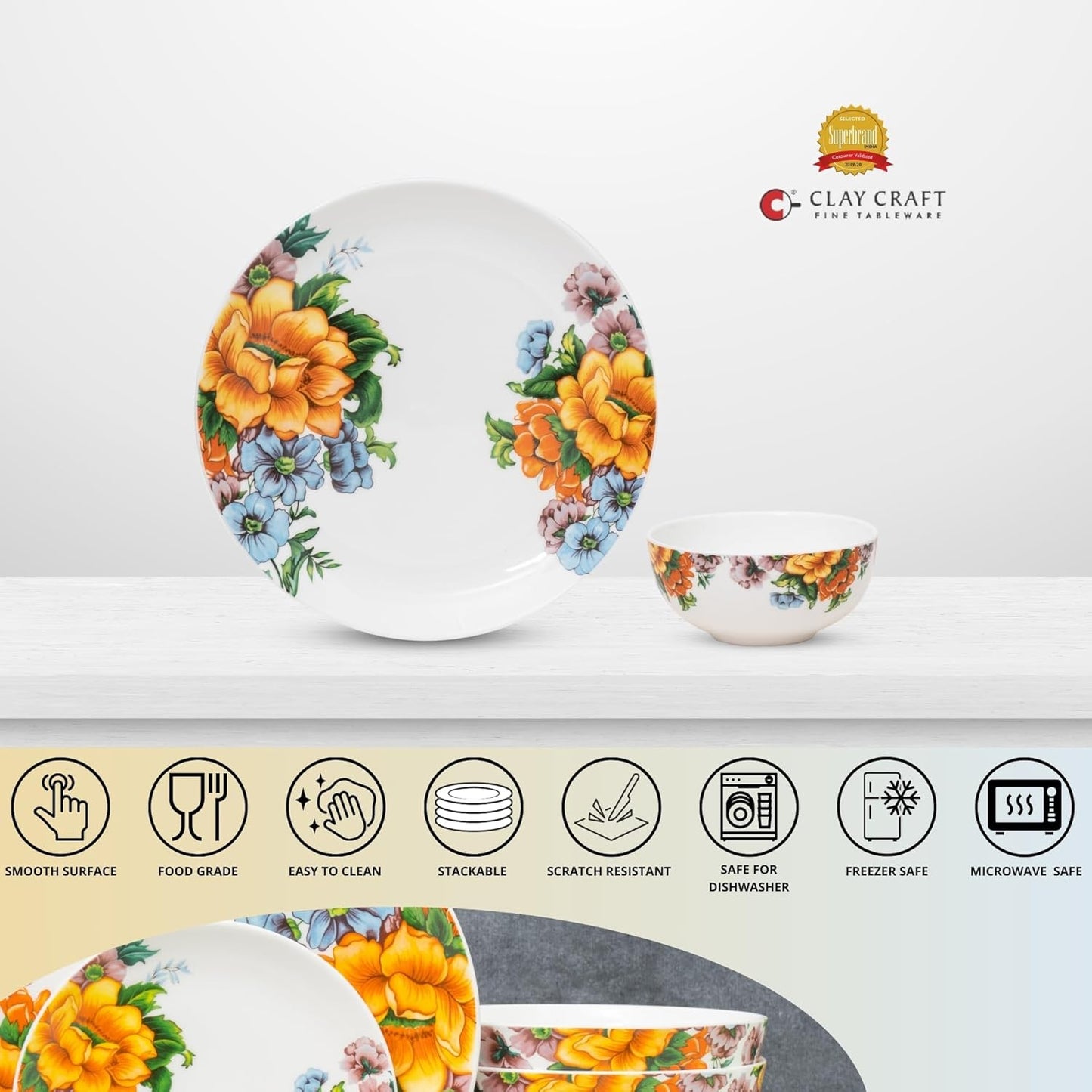 Clay Craft Fine Ceramic Eco Dinner Set, Enchanting Gold, for Family of 4, Dinner Set Ceramic, Crockery Set, Dining Set for Dinner, Crockery Set for Gift, Kitchen Set (ECO4, 8 Pieces)