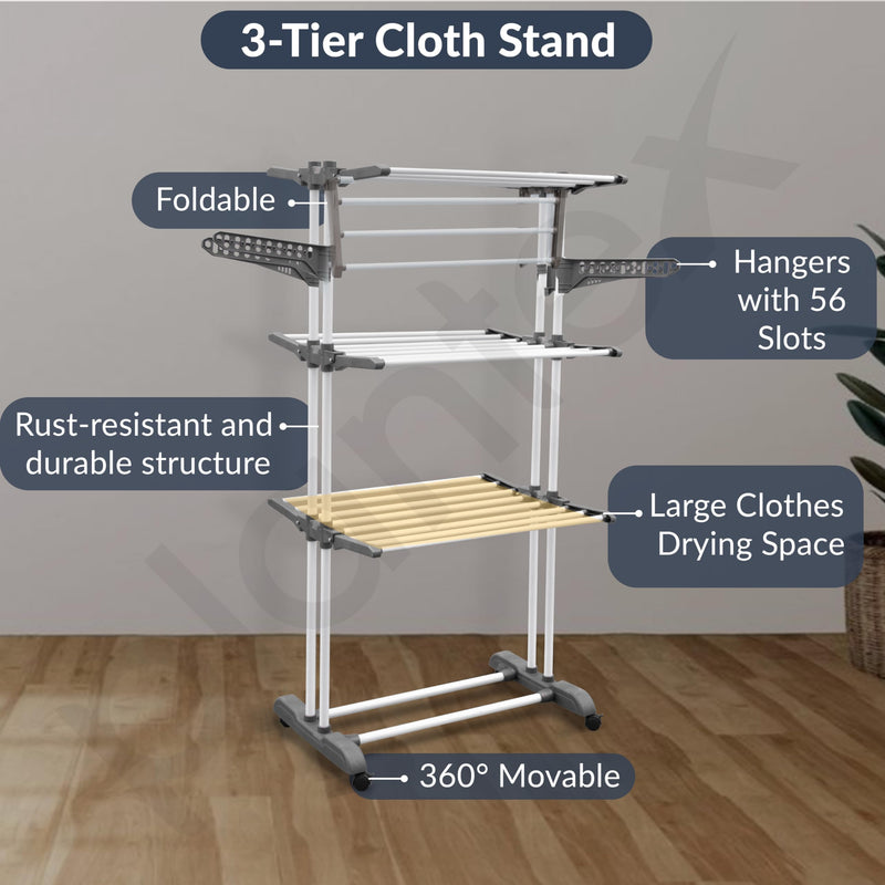 Plantex 3 Layer GI Steel Cloth Stand for Drying Clothes Foldable/Clothes Drying Rack for Balcony/Clothes Drying Stand - Clofera (White & Gray)-5