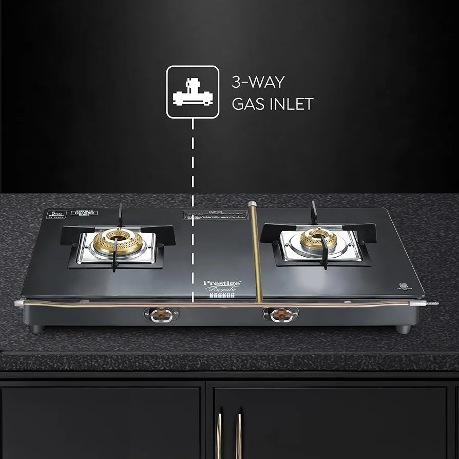 Prestige Royale Quadra 2Burner Gas Stove|Superior Toughened Glasstop with 5-Year Warranty |3-Way Nozzle Design|Tri-Pin Jumbo Burner|Uniquely Designed Pan Support |Elegantly Designed Knobs|Black