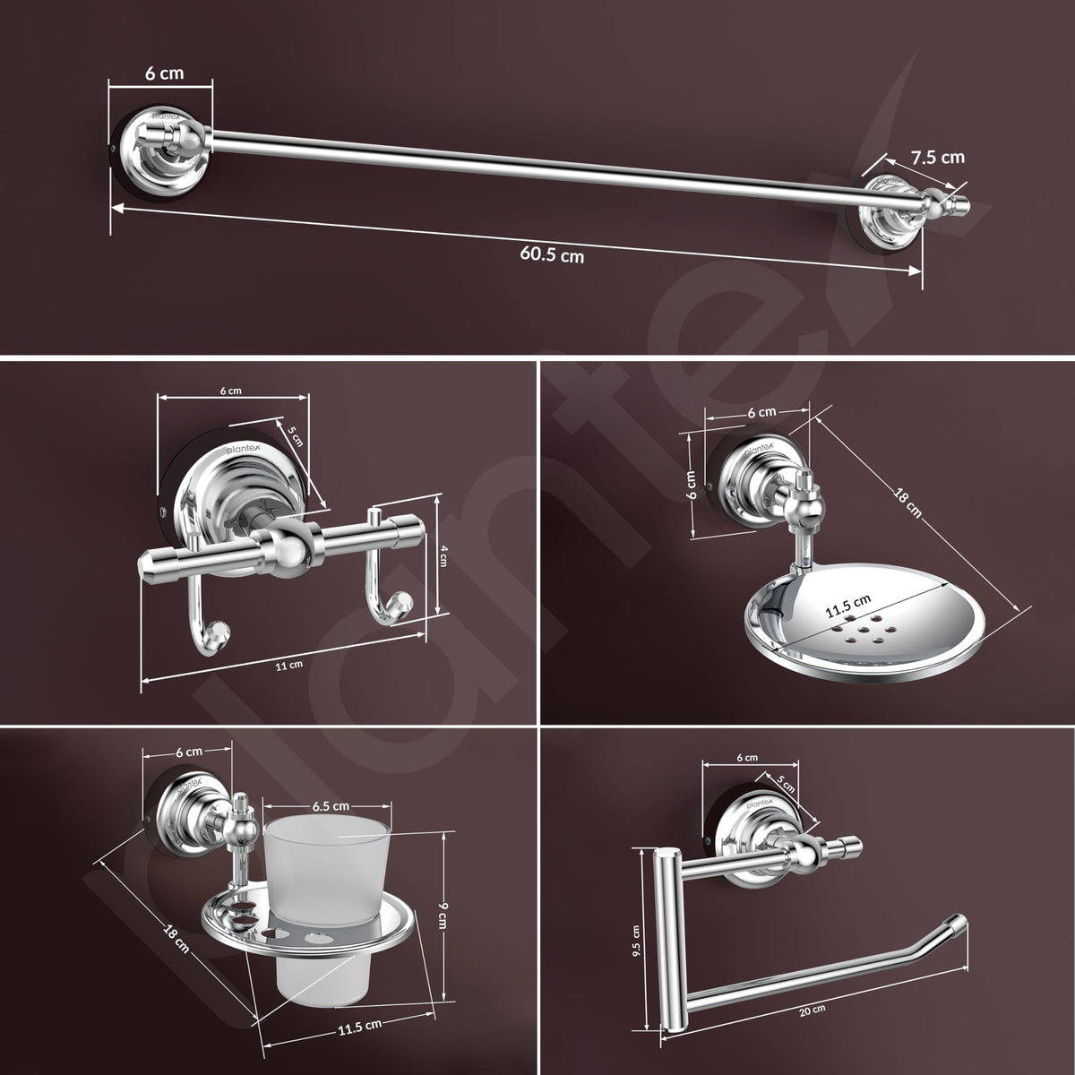Plantex 304 Grade Stainless Steel Bathroom Accessories Set of 5 - Towel Rod/Hand Napkin Hanger for Wash Basin/Soap Case/Toothbrush Holder/Robe Hook - Skyllo (Chrome)-3