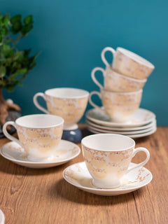 Clay Craft Fine Ceramic Cup & Saucer Set of 12-6 Cups & 6 Saucers - 180 ml Each (King Super S389)