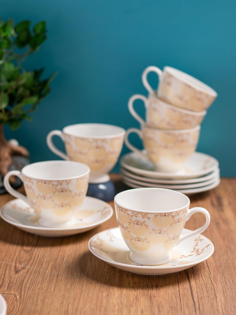 Clay Craft Fine Ceramic Cup & Saucer Set of 12-6 Cups & 6 Saucers - 180 ml Each (King Super S389)