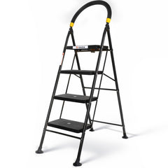 HOUZA Steel Ladder for Home 5 Steps Foldable with Anti-Skid Wide Steps (30cm x 20cm) | 5 Step Ladder for Home Use with Secure Lock | 150 Kg Load Capacity Folding Ladder | 5 Year Warranty (Black)