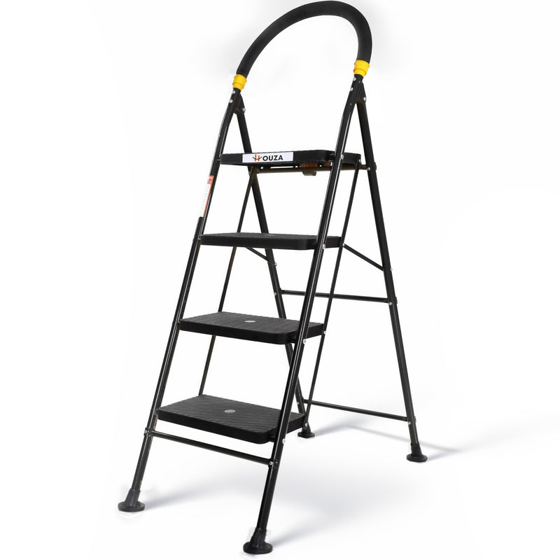 HOUZA Steel Ladder for Home 5 Steps Foldable with Anti-Skid Wide Steps (30cm x 20cm) | 5 Step Ladder for Home Use with Secure Lock | 150 Kg Load Capacity Folding Ladder | 5 Year Warranty (Black)