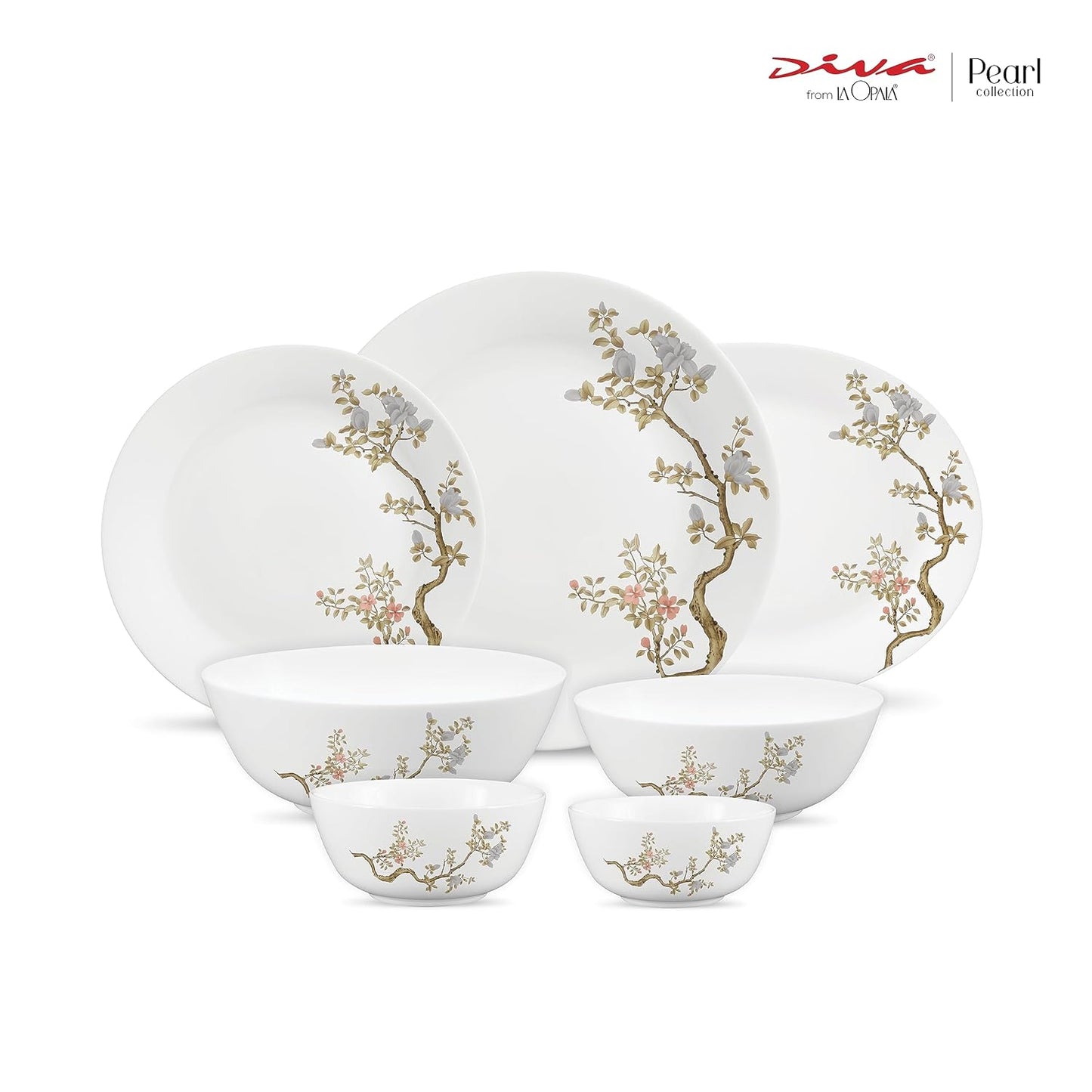 Diva by La Opala, Pearl Collection, Opal Glass Dinner Set 28 pcs, Zen Garden, White