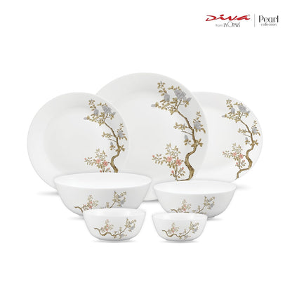 Diva by La Opala, Pearl Collection, Opal Glass Dinner Set 28 pcs, Zen Garden, White