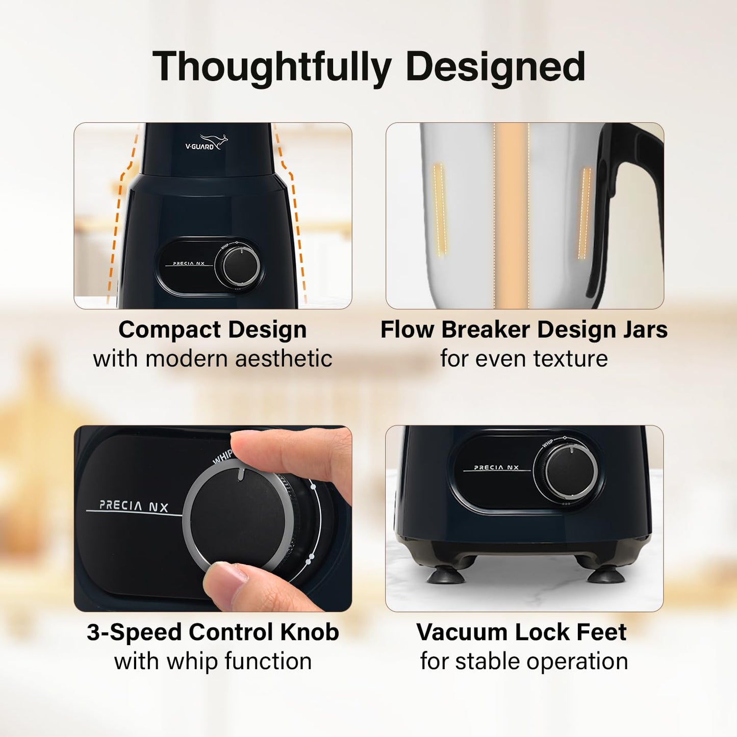 V-Guard Precia NX Juicer Mixer Grinder 750 W (New Launch) | 3-Year Motor Coverage | 4 Versatile Jars | Juicer, Large, Medium & Small | Compact ABS Body | SS Rust-Resistant Blades