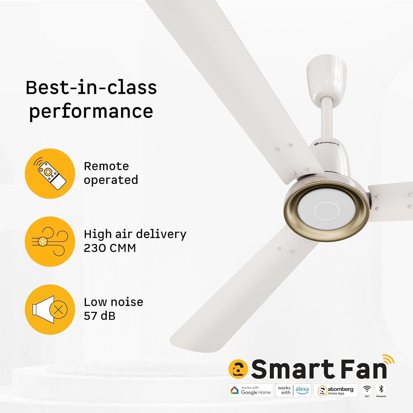 atomberg Studio Nexus Smart 1200mm BLDC Ceiling Fan with IoT & Remote Control | BEE 5-star | Newly Launched | High Air Delivery with Moonbeam Light | Low noise | 5 Year Warranty| Pearl White
