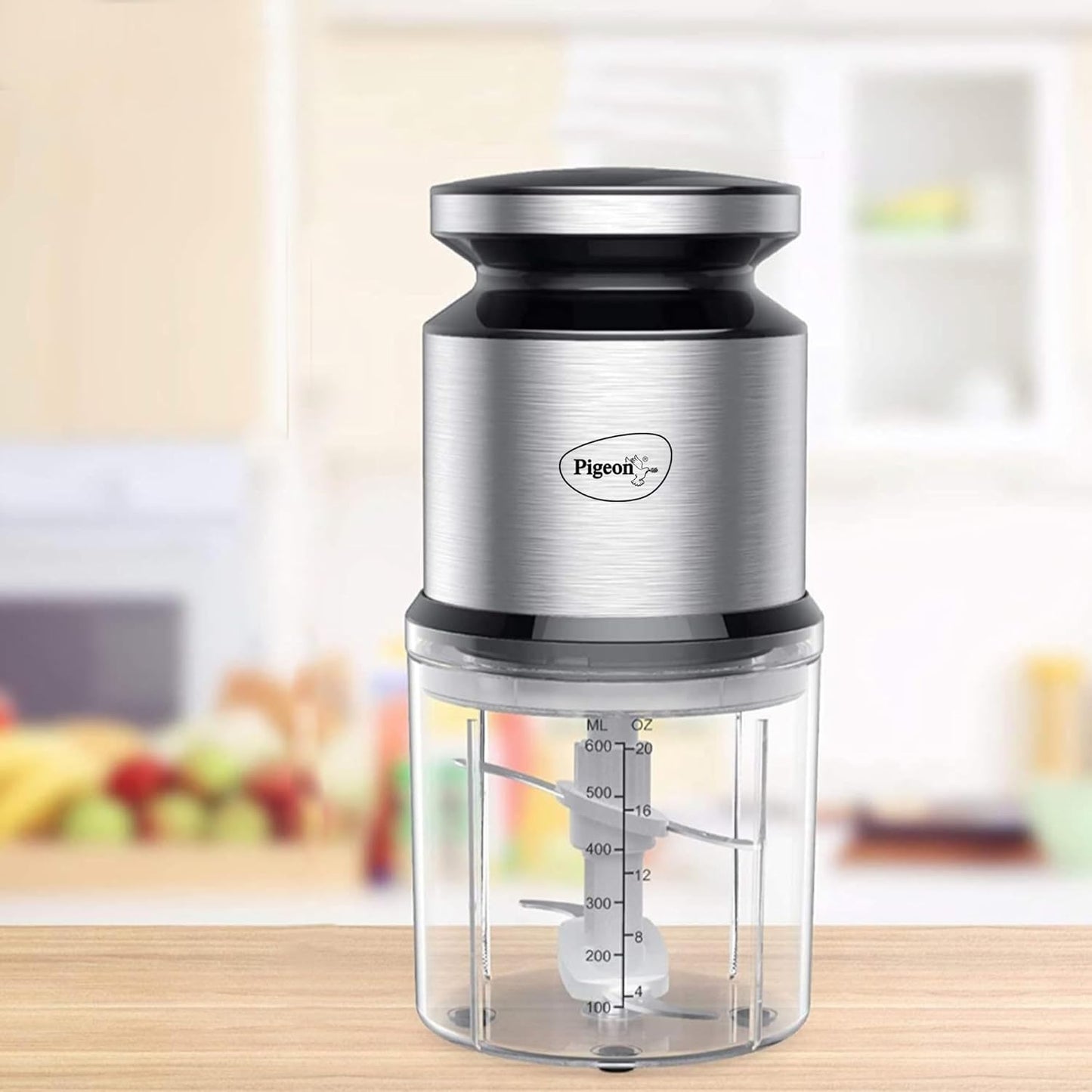 Pigeon Ultra Fast Electric 300 Watts Electric Chopper For Kitchen, Twin Blade Technology, 600 Ml 'Chop-N-Store' Plastic Bowl With Lid, Vegetable Chopper, Cutter, Chop, Mince, Dice, Whisk, Blend, Red