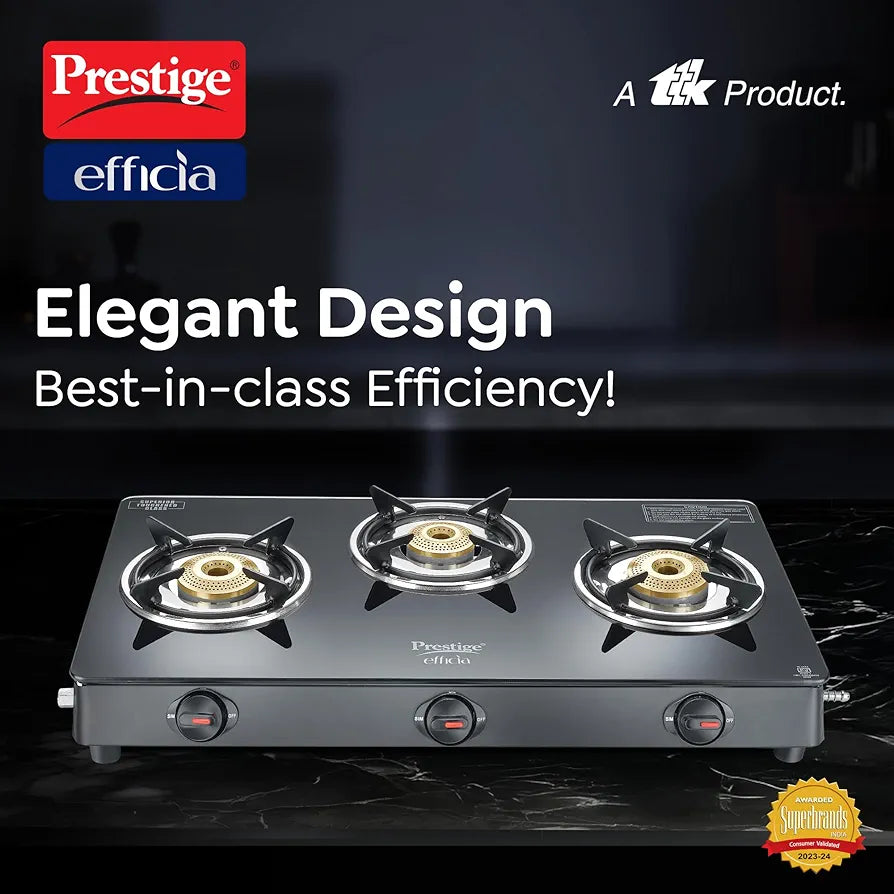 Prestige Efficia LP Open Gas Stove with Powder-Coated Body, Glass Top & 3 Brass Burners
