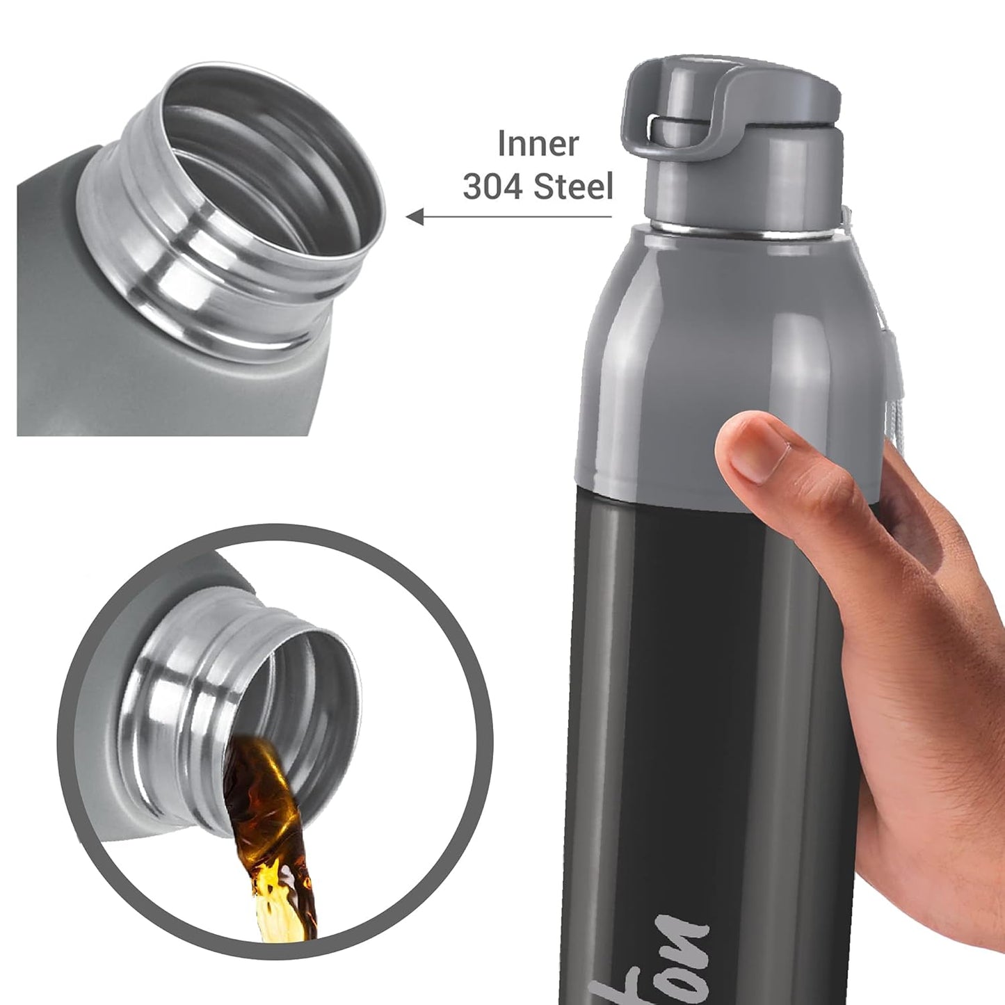 Milton Water Bottle Steel Convey 900 PU Insulated, Inner Stainless Steel Hot & Cold Bottle, 630 ml, Leak Proof, BPA Free, Ideal for Home, Office, Gym, Travelling, Black