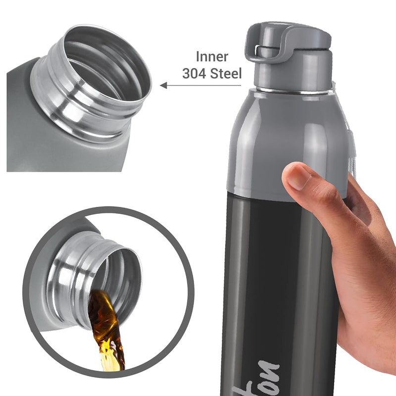 Milton Water Bottle Steel Convey 900 PU Insulated, Inner Stainless Steel Hot & Cold Bottle, 630 ml, Leak Proof, BPA Free, Ideal for Home, Office, Gym, Travelling, Black