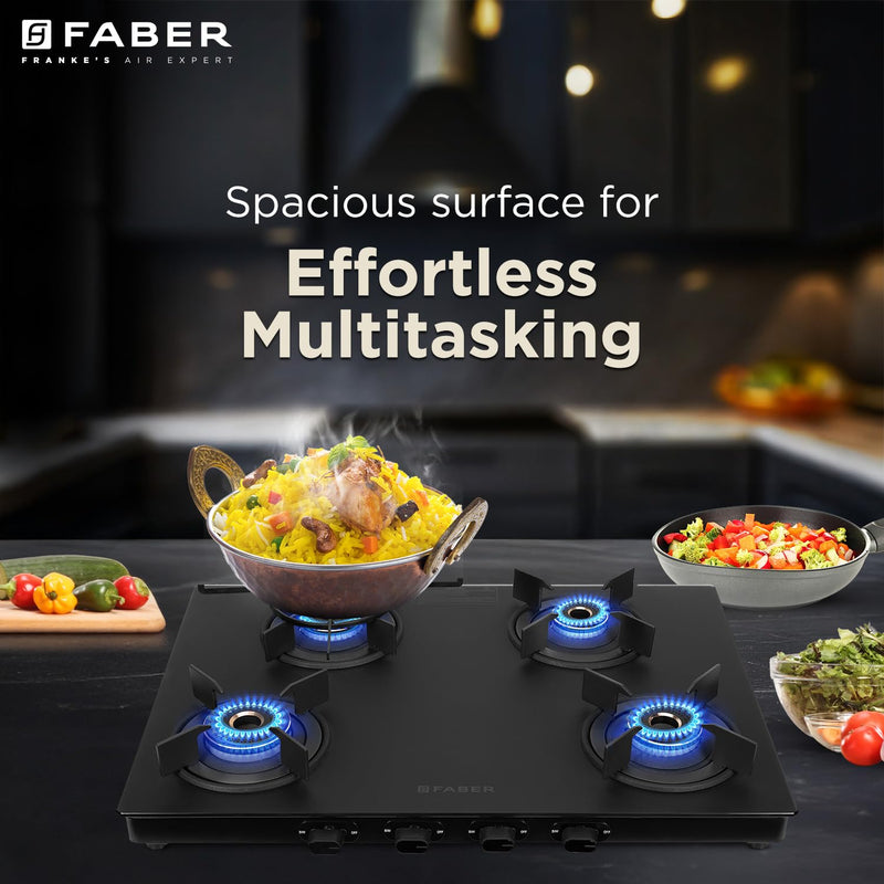 Faber Nebula Black Matt Finish Cooktop |4 Brass Burners - Jumbo, 2 Medium & Small | Manual Ignition| Heavy Pan Support w