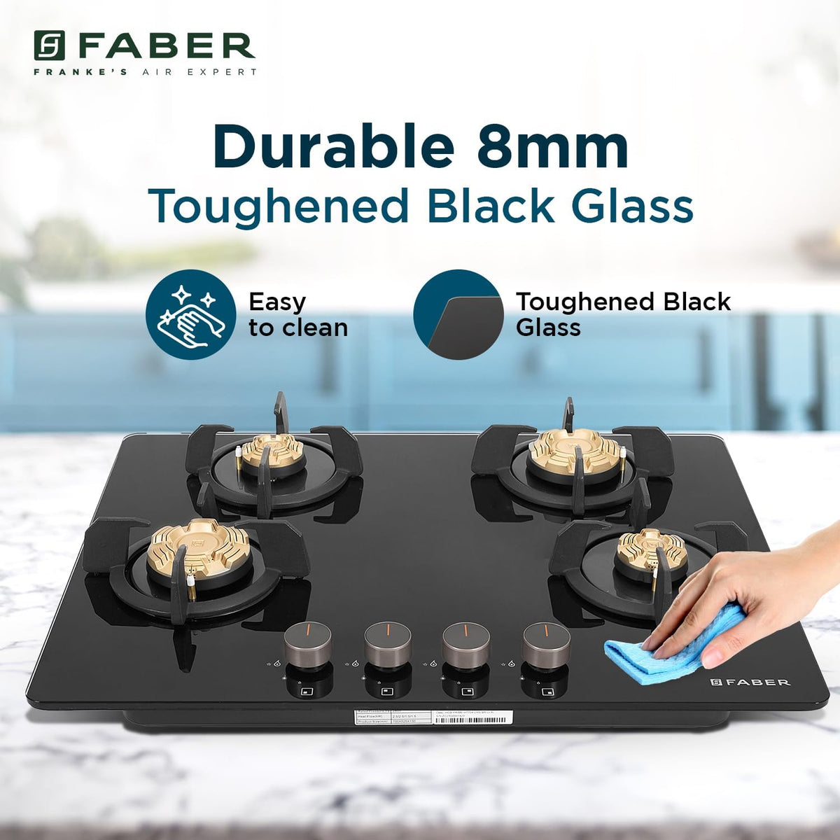 Faber 4 Burner 70cm Hobtop|Auto-Ignition |Metal Knobs|Cast Iron Pan Support |Hob/Cooktop Hybrid| Black Glass Finish |5 Y