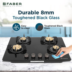 Faber 4 Burner 70cm Hobtop|Auto-Ignition |Metal Knobs|Cast Iron Pan Support |Hob/Cooktop Hybrid| Black Glass Finish |5 Y