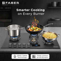 Faber 5 Burner 90Cm Hybrid HOB| Multiple Timer & Power Level Display |3.6Kw Brass Burner|Free Installation|2 Years Compr