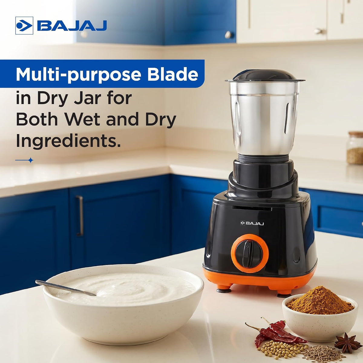 Bajaj Rex 500W Mixer Grinder | 3 Stainless Steel Jars with Multifunctional Blades | Nutri-Pro Feature for Efficient Grinding & Blending | Adjustable Speed Control | 1 Year Warranty | Black & Orange