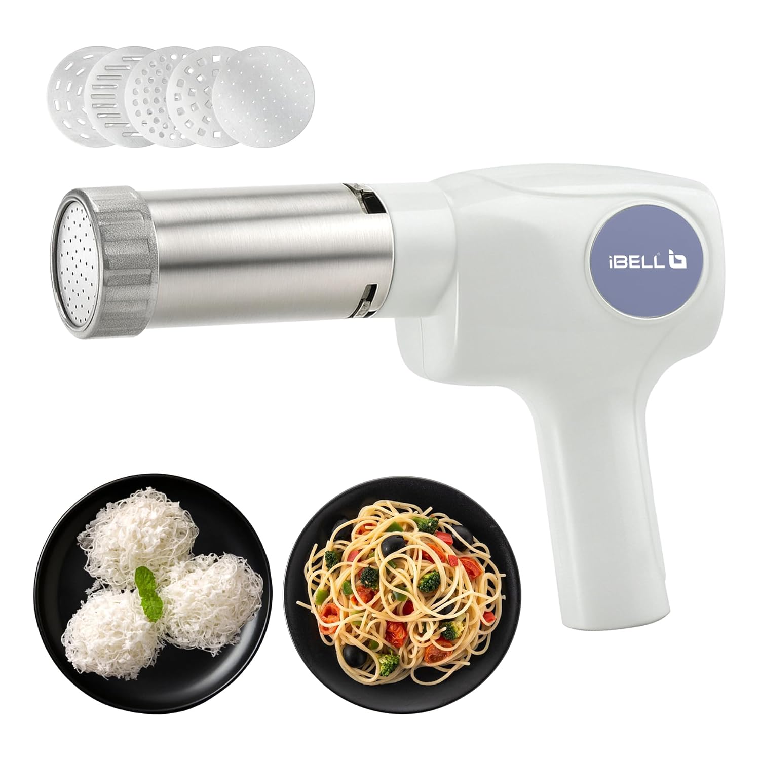 IBELL Electric Idiyappam Maker, Pasta & Noodle Maker with 5 Molds, 50Watts Power, 50 Times for Full Charge, Cordless with Rechargeable Battery(White)