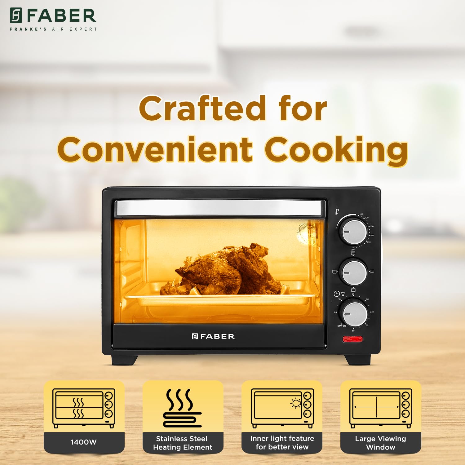 Faber FOTG 20L Neo|1400 Watts OTG|Bake,Toast, Grill| 4 Stage Functions,Upper & Lower Heating|Cool-Touch Handle, Heat Resistant Glass, Indicator Light, Auto-Shut, Ready Bell| Removable Crumb Tray