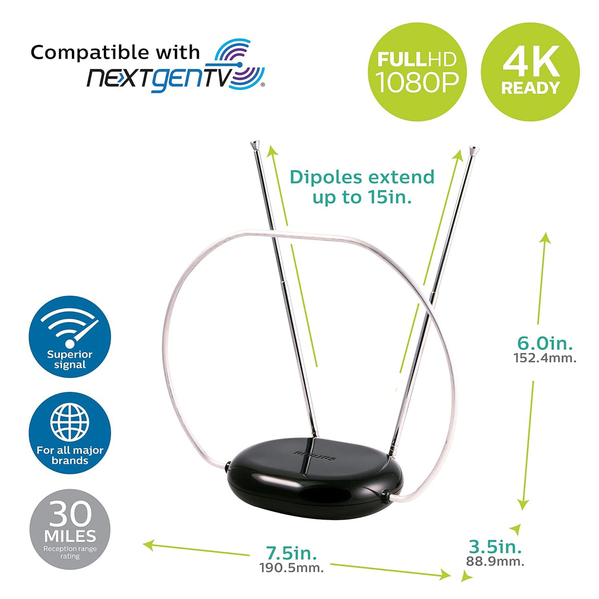 Philips Rabbit Ears Black Indoor TV Antenna, Dipoles and Circular Loop, Tabletop Antenna, Digital (SDV8201B/27)