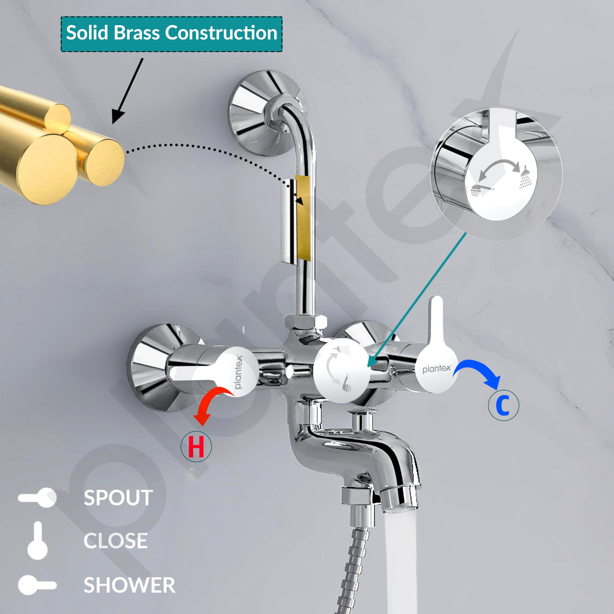 Plantex Pure Brass 3 in 1 Wall Mixer for Bathroom with L-Bend Provision for Overhead and Hand Shower/Mixer Tap for Bathroom with Water Saving Aerator and Brass Wall Flange (ORE-1421)-4