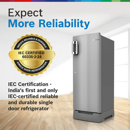 Bosch SmartChoice 207 L, 3 Star, Single Door Refrigerator with Industry's largest base drawer & veg box*(CST20S23PI,Fine Steel) |18 Hr Cooling Retention, 2.5x Faster Cooling, smart inverter compressor