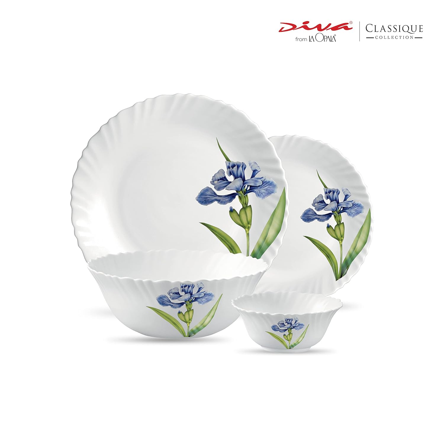 La Opala Diva Classique Collection Opal Glass Crockery | for Family of 6 | Dinner Set 19 pcs Royal Iris | Plates & Bowls for Dining | Microwave Safe | 100% Vegetarian | Extra Strong | White