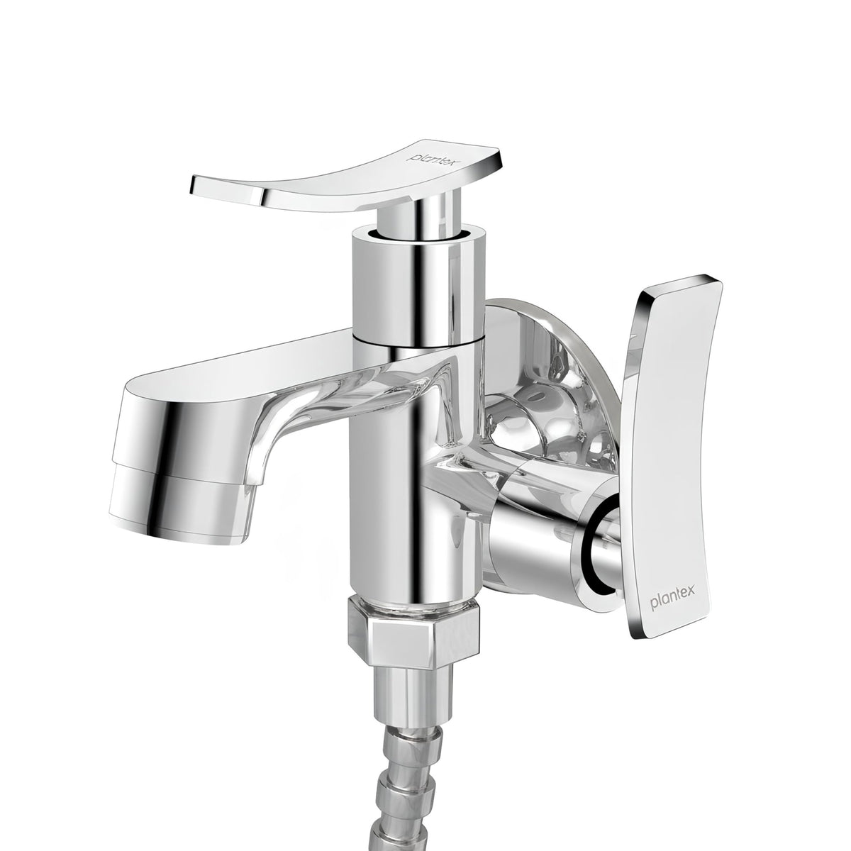 Plantex Pure Brass 2 in 1 Tap for Washing Machine/2-Way Bib Cock for Bathroom with Brass Wall Flange & Teflon Tape (Star, Chrome)