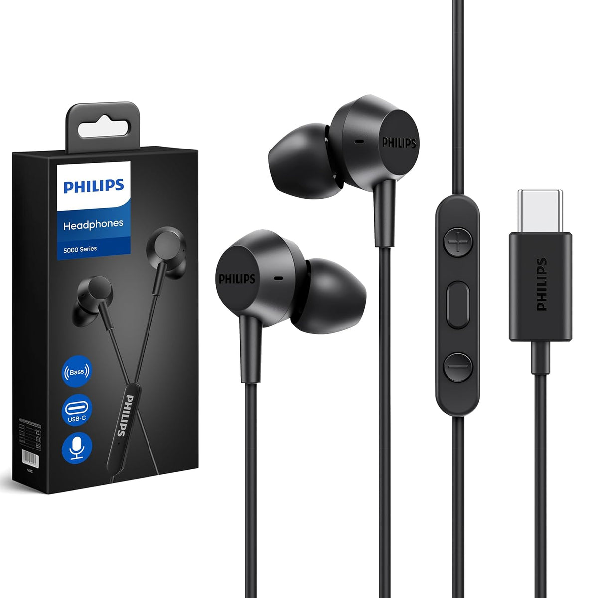 Philips USB C Earbuds Wired with Microphone, in Ear Type C Headphones with mic, Powerful Bass, Lightweight (TAE5008/38)