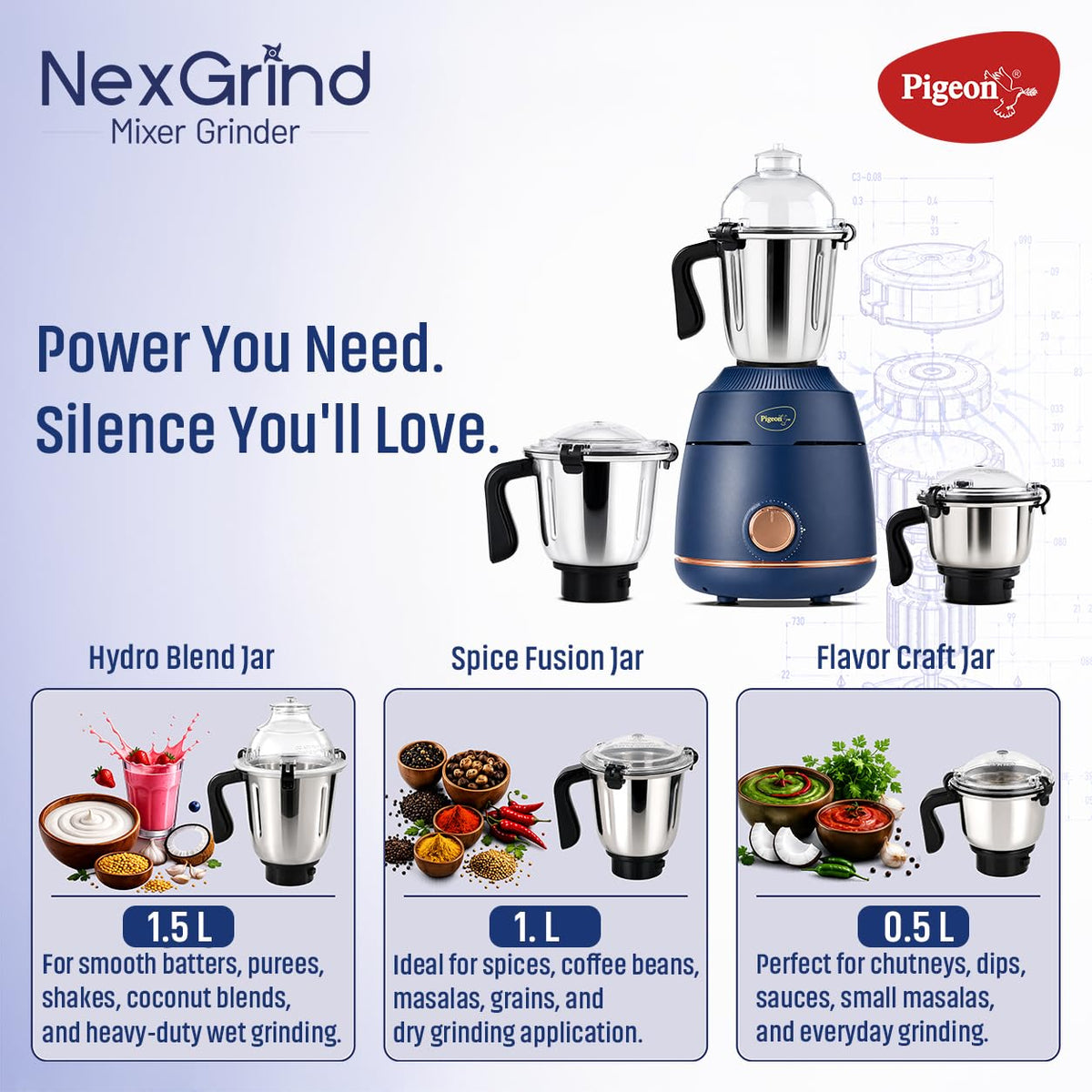 Pigeon Nex Grind 3 jar Blue color Mixer Grinder | 800W Powerful BLDC motor