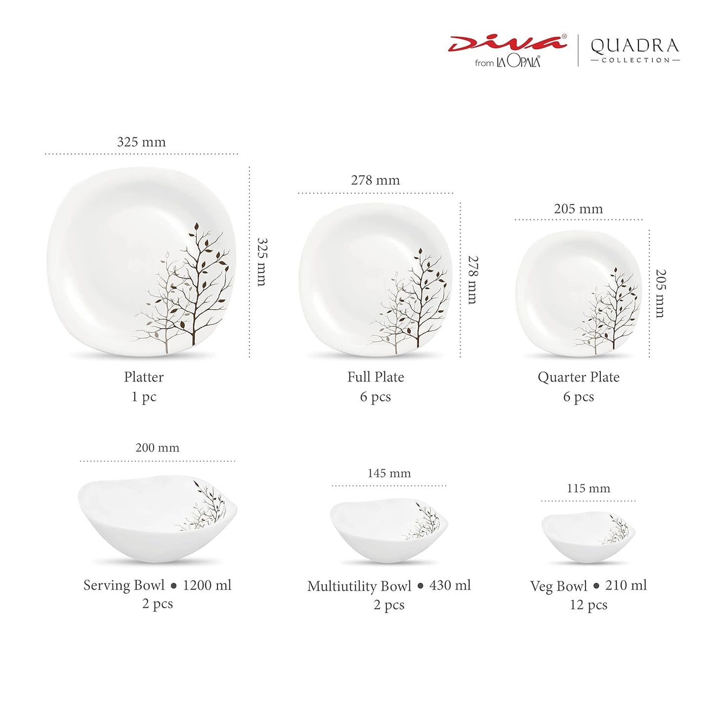 Diva by La Opala, Quadra Collection, Opal Glass Dinner Set 29 pcs, Autumnal, White