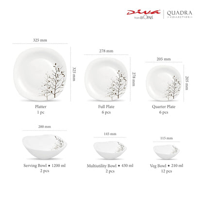 Diva by La Opala, Quadra Collection, Opal Glass Dinner Set 29 pcs, Autumnal, White