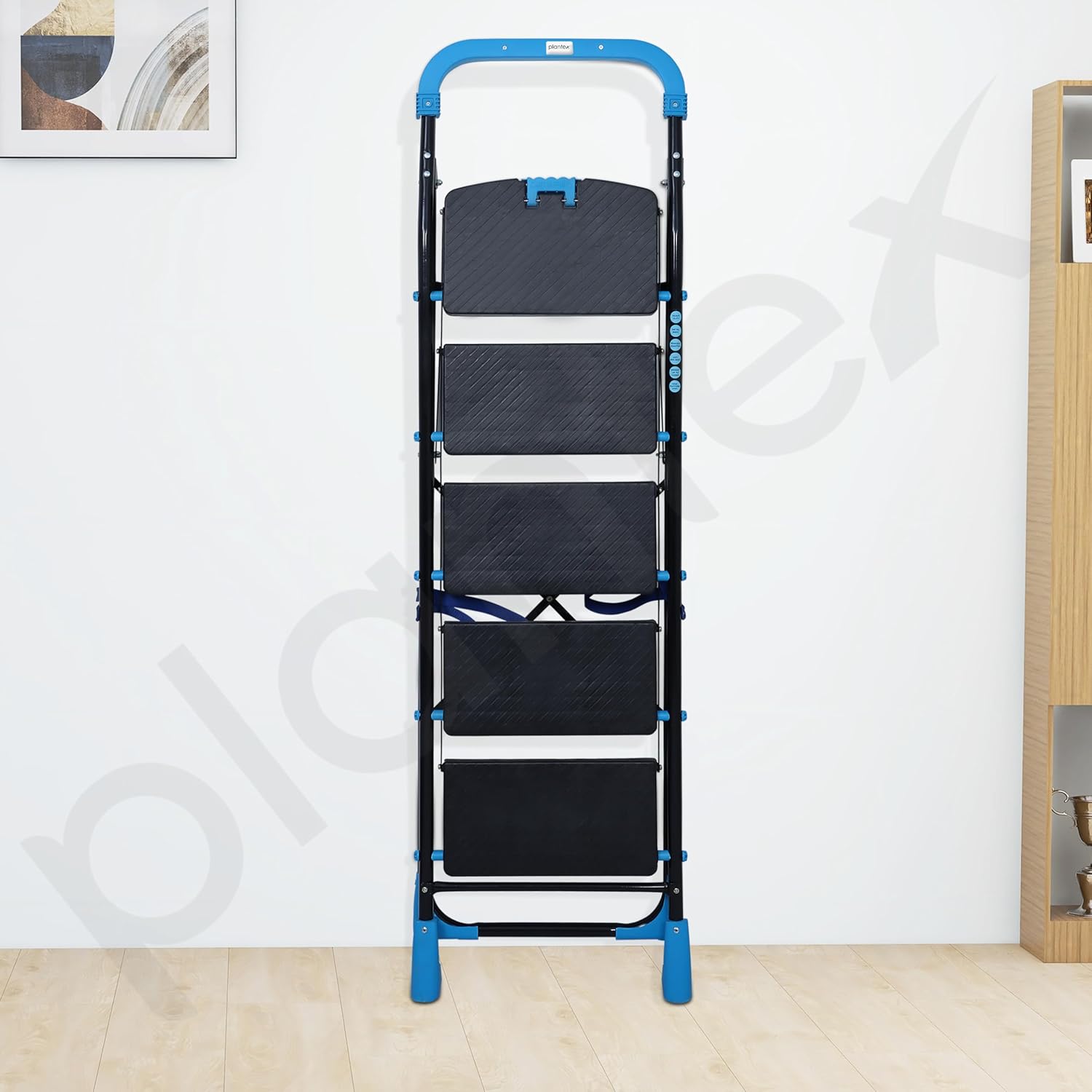 Plantex Stylo Heavy-Duty Mild-Steel Folding 5 Step Ladder for Home with Advanced Locking System/Wide Anti-Skid Step Ladder (Black & Blue)