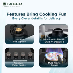 Faber 4 Burner 70cm Hobtop|Auto-Ignition |Metal Knobs|Cast Iron Pan Support |Hob/Cooktop Hybrid| Black Glass Finish |5 Y