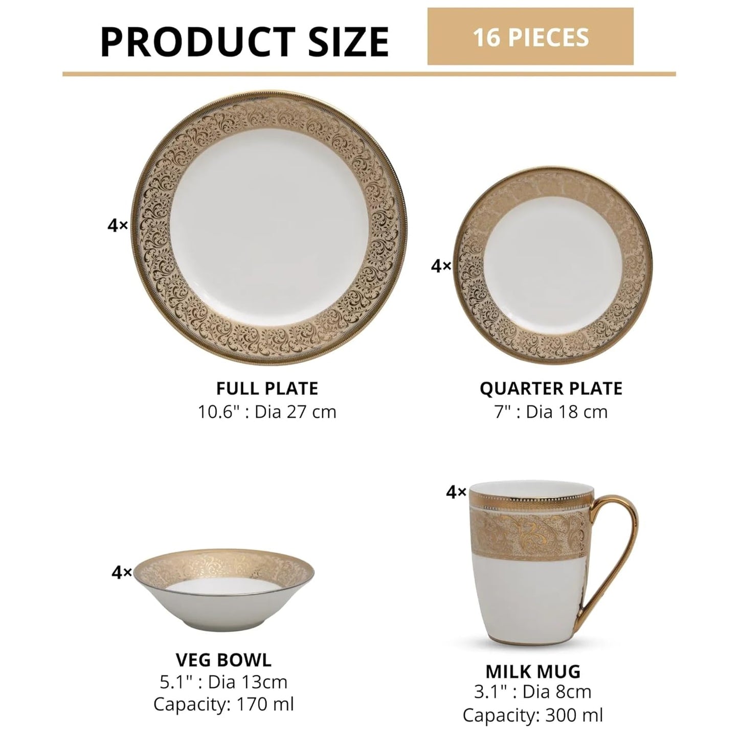 Clay Craft Fine Ceramic Ebony Dinner Set, Enchanting Gold, for Family of 4, Dinner Set Ceramic, Crockery Set, Dining Set for Dinner, Crockery Set for Gift, Kitchen Set (16 Pieces, E646)