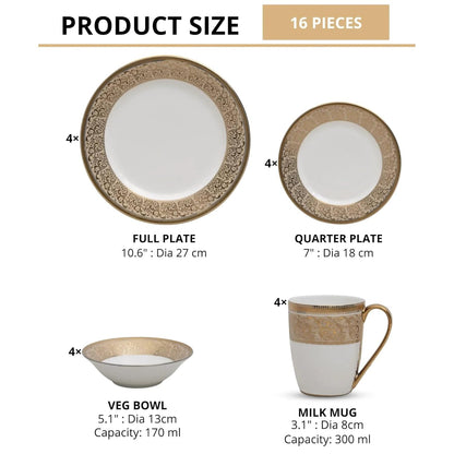 Clay Craft Fine Ceramic Ebony Dinner Set, Enchanting Gold, for Family of 4, Dinner Set Ceramic, Crockery Set, Dining Set for Dinner, Crockery Set for Gift, Kitchen Set (16 Pieces, E646)