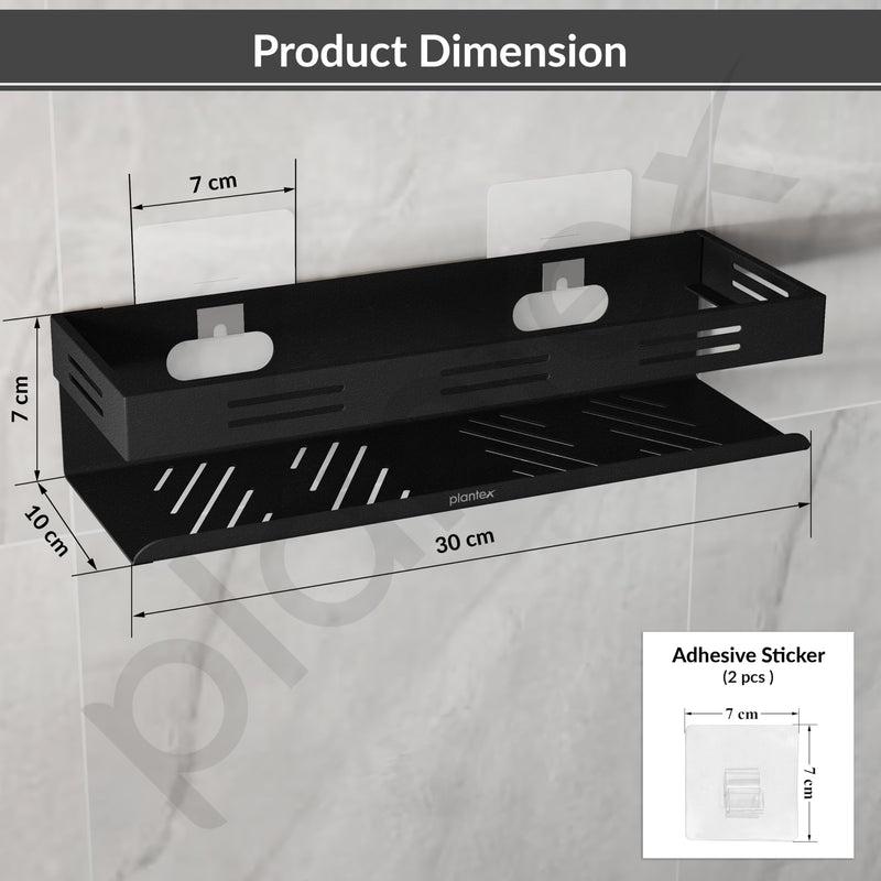 Plantex Self Adhesive Bathroom Shelf/Bathroom Organizer Without Drill/Stainless Steel Kitchen Wall Rack Shelf-Pack of 1 (12 x 4 Inch - Black)-2