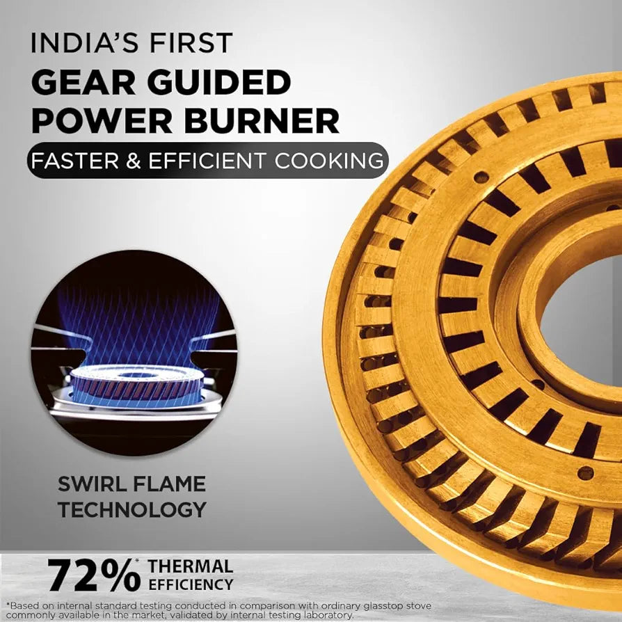 Preethi Bluflame Sparkle Power Duo 3 Burner Glass top Gas Stove with Power Burner and Swirl flame technology, saves gas and cooks faster, Manual Ignition, Black