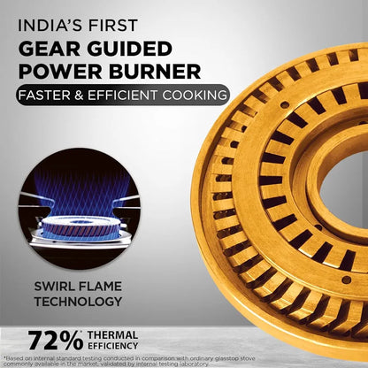 Preethi Bluflame Sparkle Power Duo 3 Burner Glass top Gas Stove with Power Burner and Swirl flame technology, saves gas and cooks faster, Manual Ignition, Black