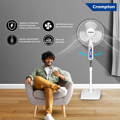 Crompton Wave Plus 400 mm High Speed Pedestal Fan | Adjustable Height | Smooth Oscillation | Superior Air Delivery | 2 Year Warranty | White