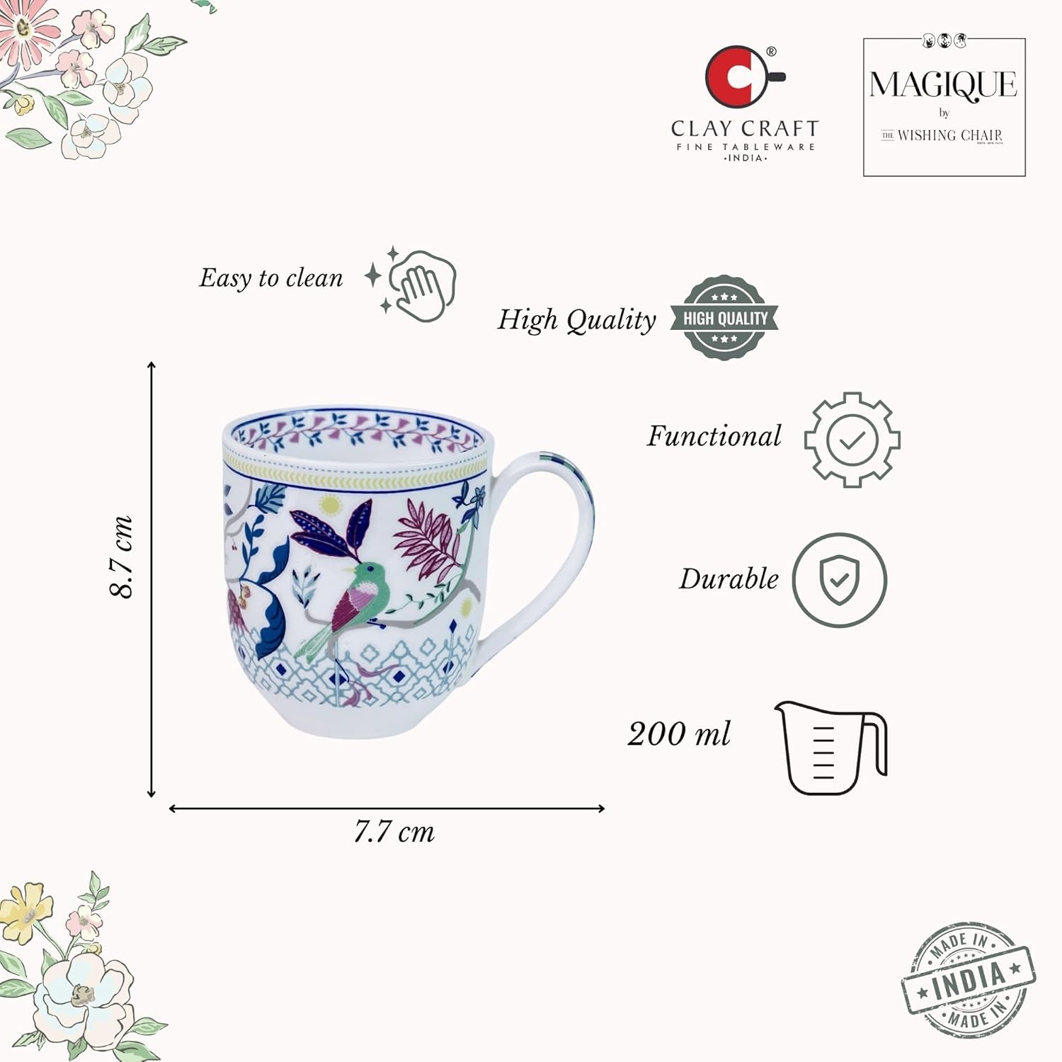 Magique by The Wishing Chair x ClayCraft : Parrot Tulip Garden Coffee Mugs Set of 6 – 250 ml Bone China Tea Cups | Floral Ceramic Mugs | Lightweight Durable Microwave & Dishwasher Safe